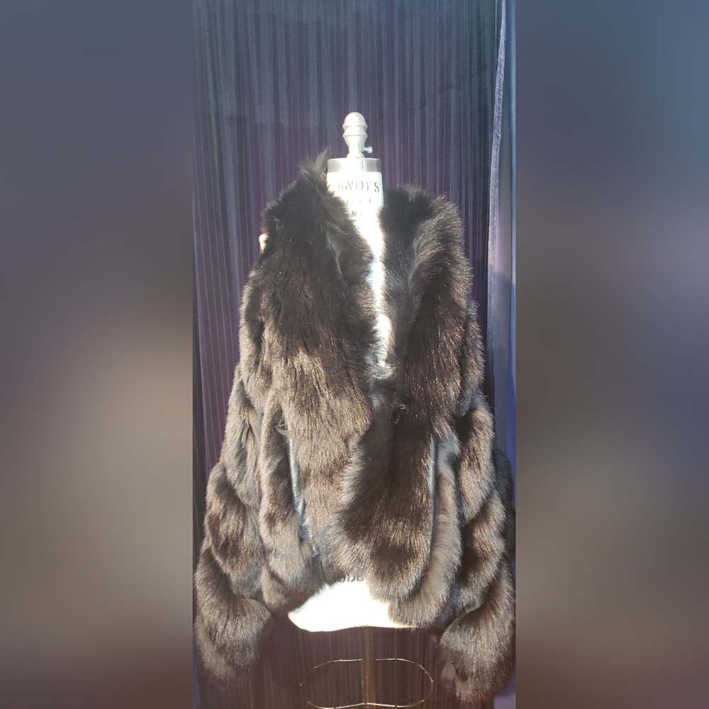 Black fox fur 2n1 jacket vest w removable metallic silver neon green sleeves L